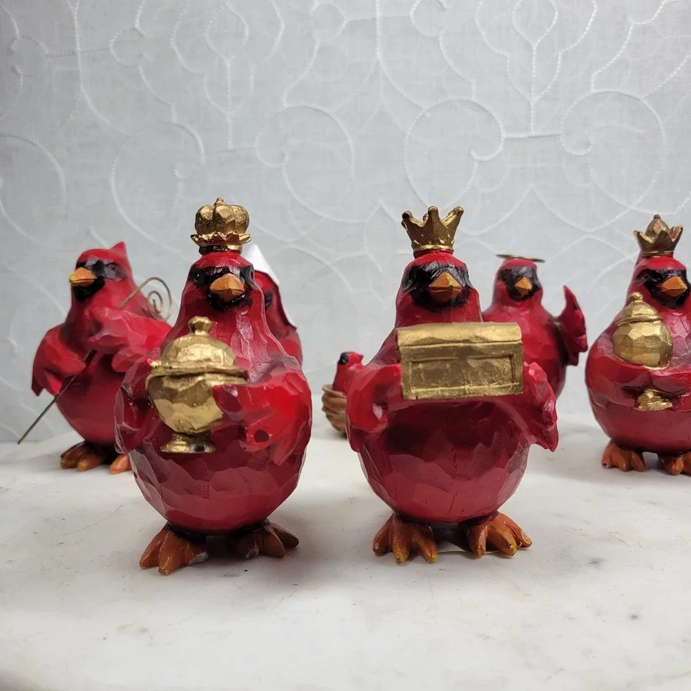 Slifka Cardinal Nativity 7 Pc Set Red Resin Christmas Birds Decor Folk Art